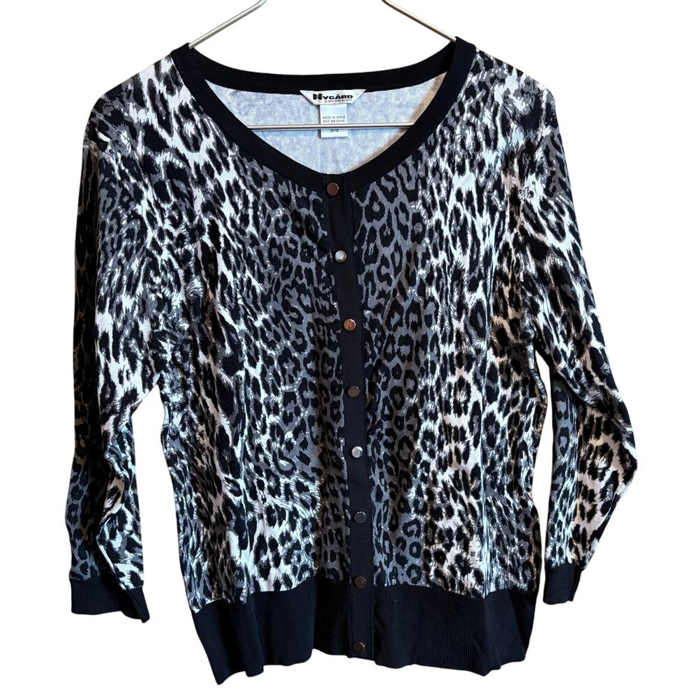 Nygard Collection Animal Print Cardigan Sweater Black White Size M 10-12